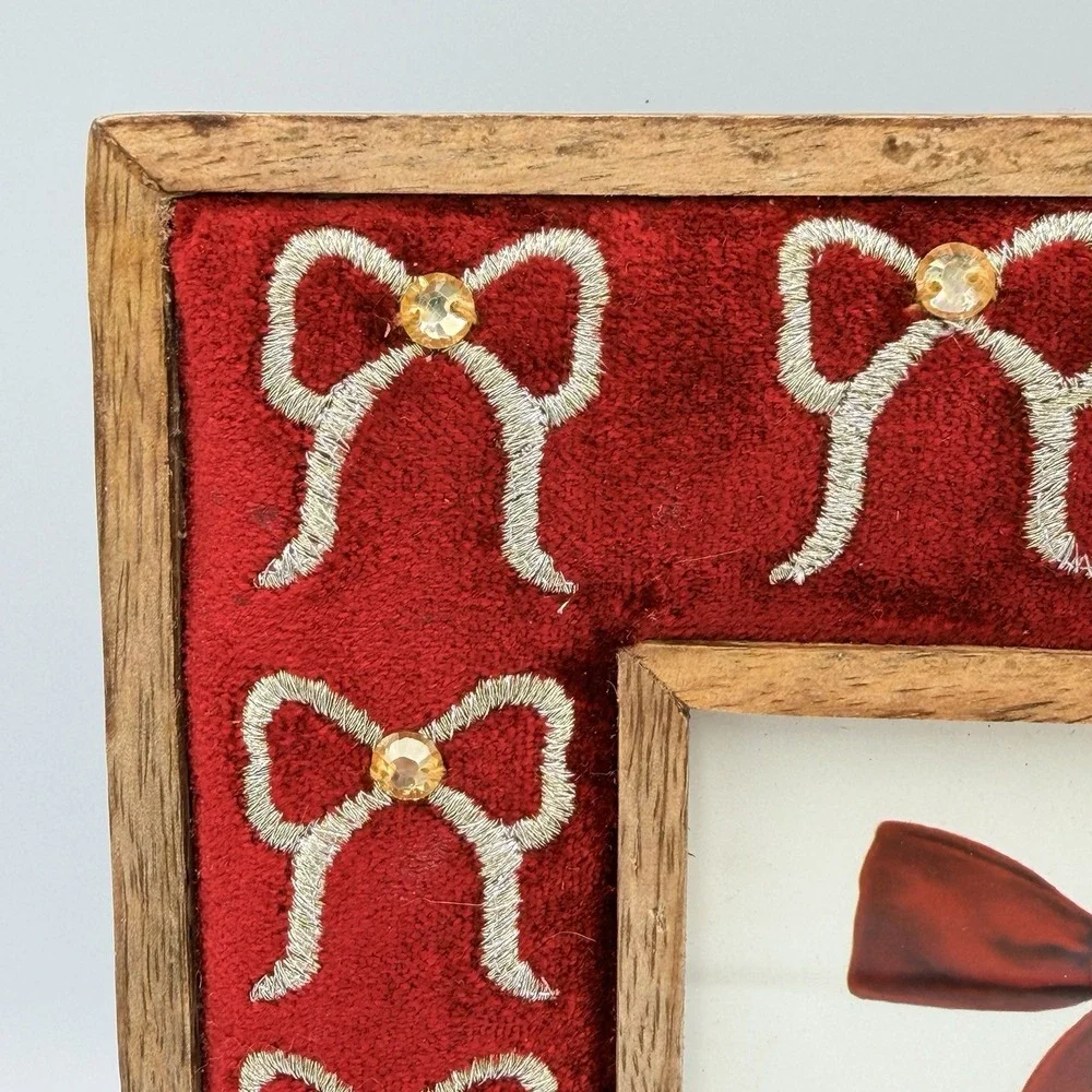 Handcrafted Red Velvet Beaded Bow Picture Frame Wood Coquette Romantic Decor 4x6